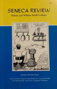 Cover image of Seneca Review. Centered is a cartoon sketch of a Poetry Comics Workshop and a writer at a desk surrounded by books and speech bubbles. Text on the cover reads: "Seneca Review, Hobart and William Smith Colleges. Feature: The Lyric Essay. Anne Carson, Wayne Koestenbaum, David Shields, Joe Wenderoth, and Terry Tempest Williams"